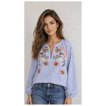 Load image into Gallery viewer, Qnuz Clothing Boheme shirt w embrodery &amp; stripes Clothing 30 Blue
