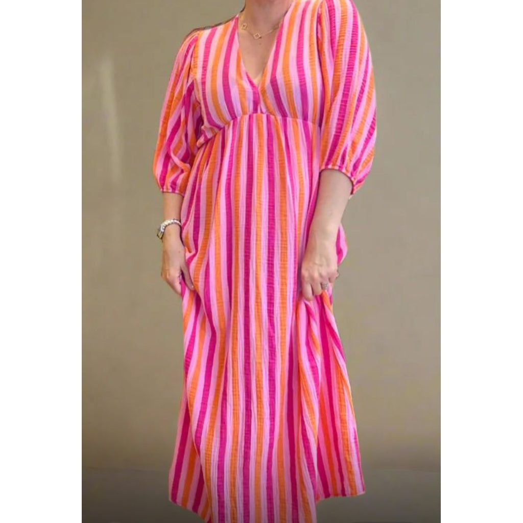 Qnuz Clothing Dress w striped print Clothing 445 neon orange