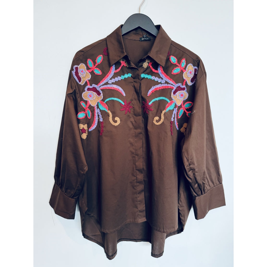 Qnuz Clothing Shirt w Multi colour Embrodery Clothing 60 Marron